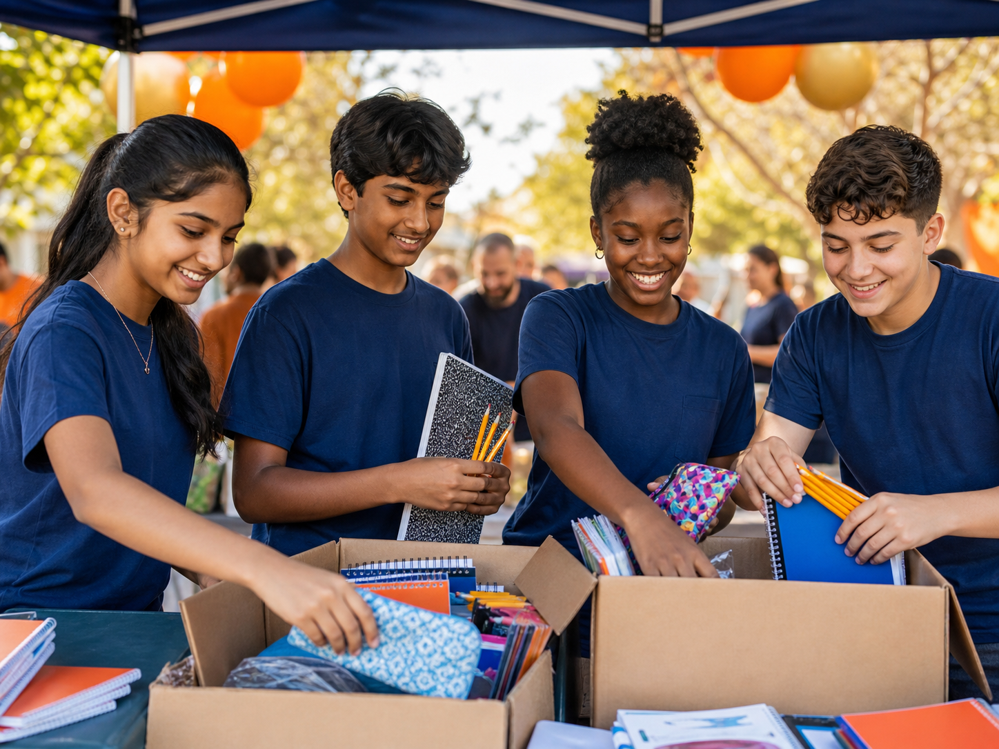 Young volunteers packing school supplies
