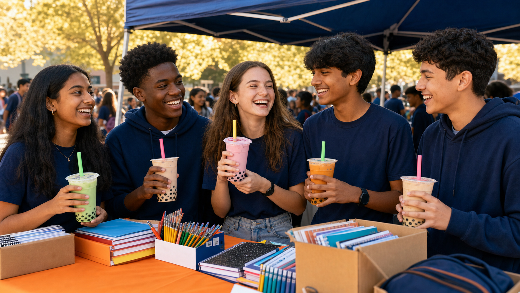 Young volunteers hosting a community boba fundraiser